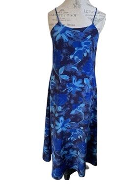 Vintage Y2K Floral Slip Dress Womens M Blue Satin Bias Cut Spaghetti Fairy